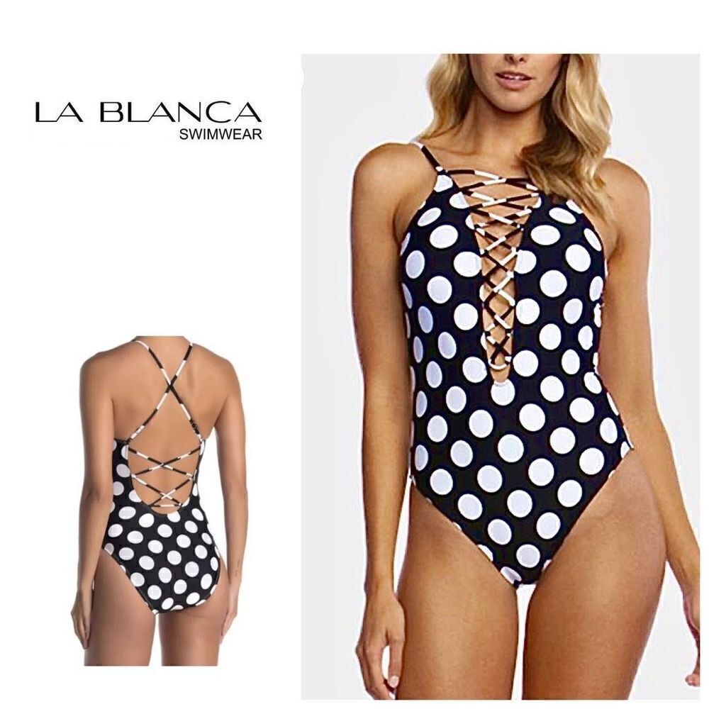 New. La Blanca polka dot plunge neck swimsuit. MSRP $139. Size 14